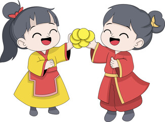 Cheerful Twin Chinese Girls in Traditional Attire Holding Gold Coins for Prosperity and Good Fortune Illustration