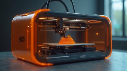 Modern 3d printer creating intricate orange design in stylish workspace