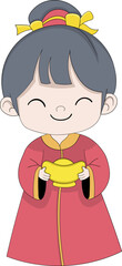 Smiling Chinese Girl in Traditional Red Attire Holding a Gold Ingot for Wealth and Prosperity Celebration