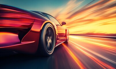 Naklejka premium Sporty car with glowing trails on a sunset road