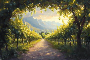 Naklejka premium Explore a Lush Grapevine Vineyard Path - A Taste of Vineyard Beauty