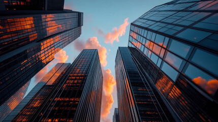 Low-angle view of modern skyscrapers in a city, reflecting a dramatic sunset sky with scattered orange clouds, creating a vibrant urban scene.