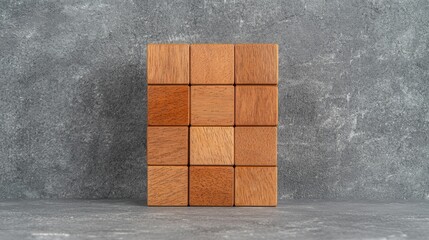 Obraz premium A collection of wooden cubes arranged neatly on a textured surface, showcasing various shades of brown and grain patterns.