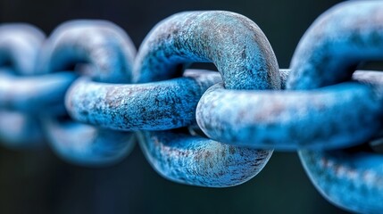 A close-up of a blue metal chain link, showcasing texture and detail.