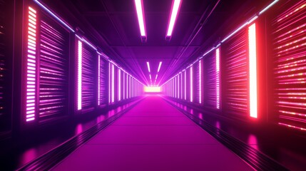 A futuristic corridor illuminated by vibrant pink and purple lights, suggesting a high-tech environment.