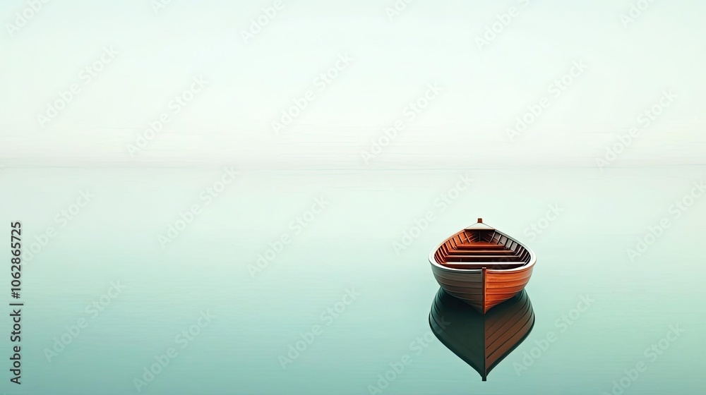 Poster a solitary boat floating on calm water, creating a serene atmosphere.