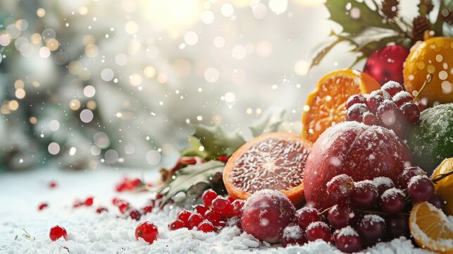 Festive winter fruit display featuring open space for your customized content