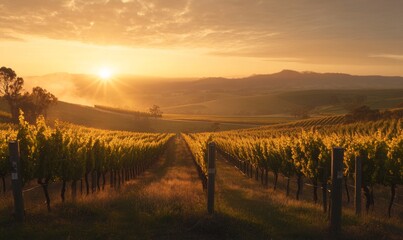 Obraz premium Stunning sunrise over scenic countryside vineyards With copy space for text