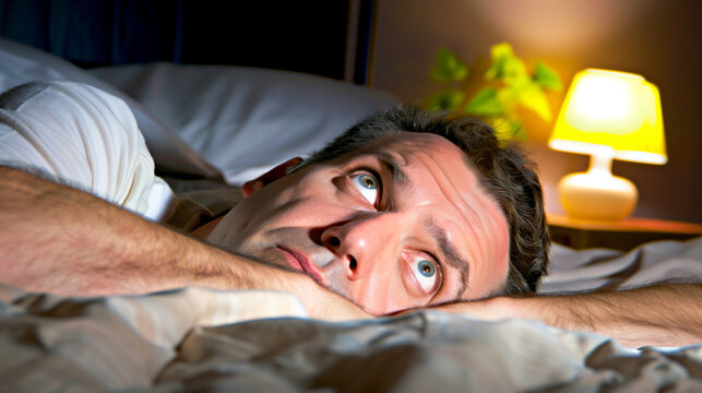 Man lying in bed with wide-open eyes, showing deep concern and fatigue, unable to sleep in dimly lit room with soft glow from nightstand lamp.