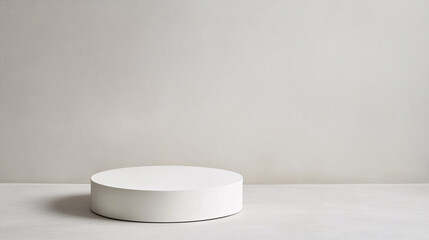 A minimalist white cylindrical platform rests on a smooth gray background, evenly lit with diffused light that creates soft shadows. The clean, seamless aesthetic of the scene provides a