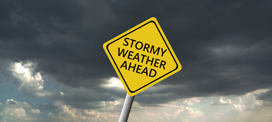 Stormy Weather Ahead SignBoard, Hurricane indication. Graphic banner of hurricane warning. Icon,...