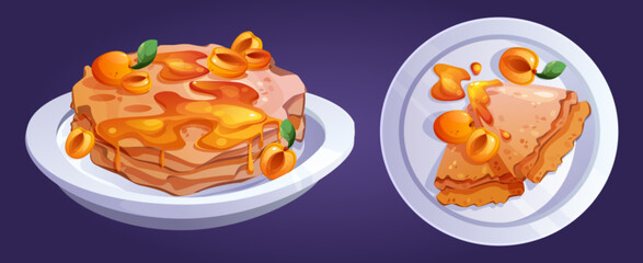 Crepe pancake stack. Hot rolled food with jam vector. Cute french cake for breakfast with apricot cream. Dessert cooking and preparation with orange syrup filling. Cafeteria menu kit for bakery