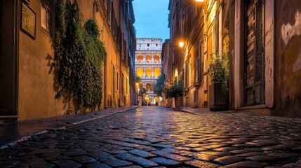 Naklejka premium Cobblestone Street Leading to Ancient Roman Ruins