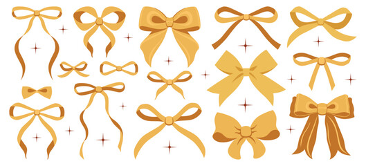 Gold bow illustration set. Simple hand drawn ribbon bow collection. Vector ribbons, silk bows for gifts, present knots, wrap pack. Bowknot for decoration, collection sillouette for celebration design 