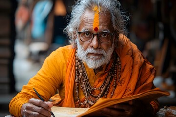 Elderly hindu priest writing in manuscript with traditional attire and beads