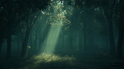 Mystical Forest Sunlight Through Trees Foggy Woodland