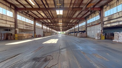 Obraz premium A wide view of an empty warehouse with long aisles and natural light illuminating the space during midday. Generative AI