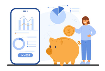 Money management illustration with smartphone analytics, charts, and a piggy bank, symbolizing savings and investment growth