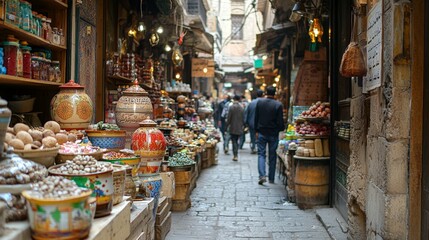 Busy Middle Eastern Market Street with Colorful Goods and People Shopping