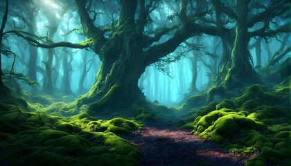 ethereal mystical forest scene with digital glow effects