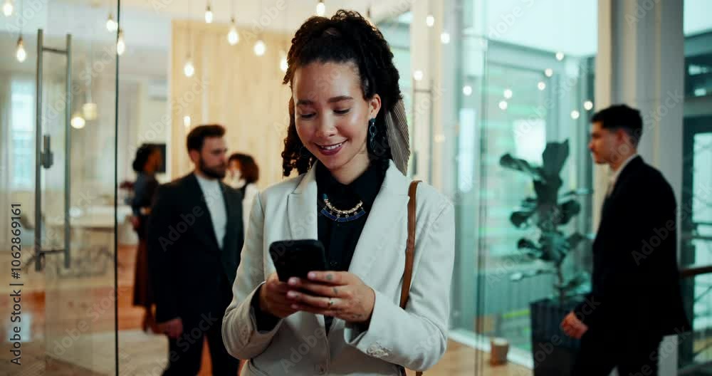 Poster business woman, phone and happy in hotel for travel, social media and communication with client. emp