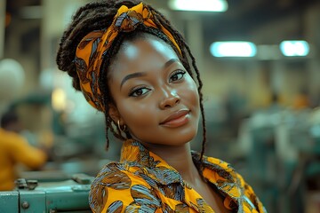 Confident woman in vibrant attire in industrial setting