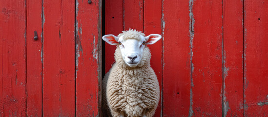 Close-up of a Sheep with Thick Wool by Red Barn