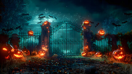 Obraz premium Cemetery entrance gate with scary Halloween pumpkins
