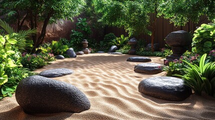 Serene garden scene with sand, rocks, and lush greenery.