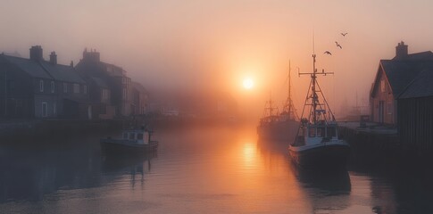 Fototapeta premium Boats Moored in a Foggy Harbor at Sunrise
