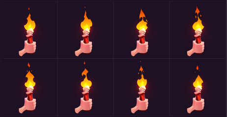 Animation sequence of cartoon hand holding burning torch. Eight frames for glowing flame movement on dark background. Human palm grasping wooden handle with orange and yellow flickering fire.