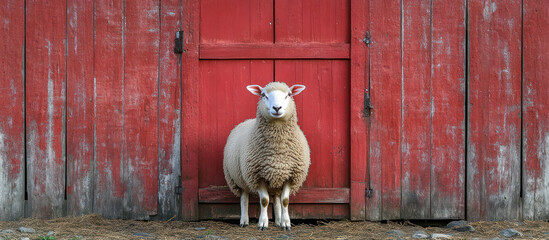 Sheep with Thick Wool by Rustic Red Barn Door