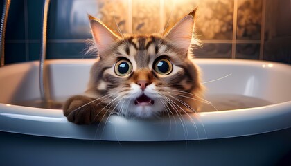funny cute cat with fear and emotion in a bathtub; trying to escape the heat