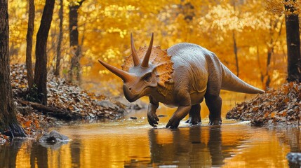Fototapeta premium Triceratops Dinosaur in Autumn Forest Stream