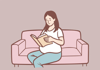 Pregnant woman, pregnant, sitting on the sofa reading a book. Hand drawn style vector design illustrations.
