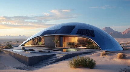 Modern futuristic dome house in desert with pool and patio.