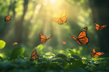 Beautiful butterflies flutter over the greenery of nature in the rays of the sun. Generated by artificial intelligence