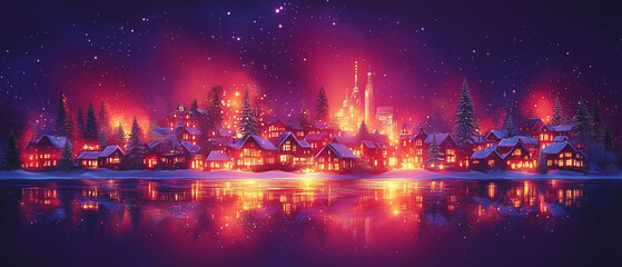 Fototapeta premium Illustration vectorielle d'un village de Noël en art numérique avec ambiance festive et enneigée
