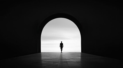 Obraz premium A solitary figure walking through an arch, symbolizing introspection and exploration.