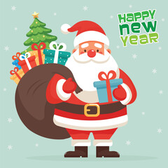 Santa Claus with a bag of Christmas presents flat illustration