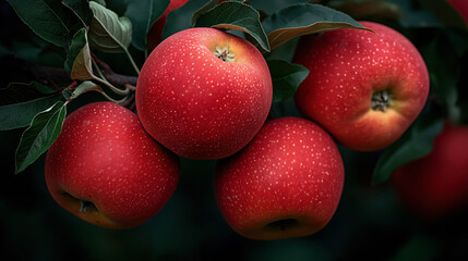 Obraz premium Close-up view of ripe red apples on a tree branch with green leaves in a garden or orchard setting, showcasing the natural texture and color of the fruit.