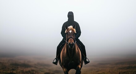 Fototapeta premium Mysterious figure on horseback through a foggy landscape.