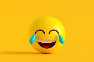 Yellow emoji is crying with laughter on yellow background