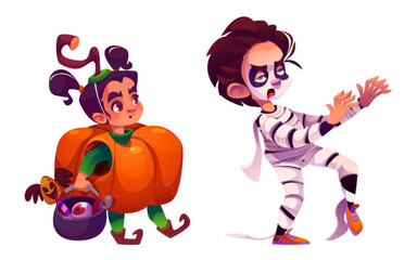 Halloween celebration concept with kids in festive costumes. Cute child girl dressed as pumpkin carrying magic cauldron. Boy wearing mummy outfit standing in dramatic pose. Cartoon vector set.