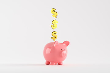 Pink piggy bank receiving falling dollar symbols on white background