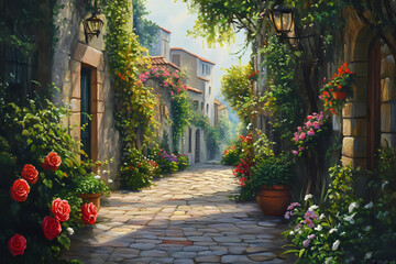 Step Back in Time on a Pathway Through a Historic Village Square