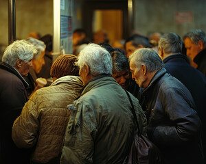 Fototapeta premium Crowd of elderly men queuing in soup kitchen, showcasing community support and solidarity. atmosphere reflects sense of urgency and compassion