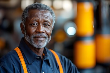 Experienced african american mechanic in workshop setting with orange safety gear