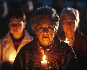 Candlelight vigil with people of all ages holding candles, expressing hope and unity. warm glow illuminates their faces, creating poignant atmosphere of remembrance and solidarity