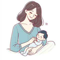 赤ちゃんを抱っこして微笑みかける幸せな産後ママのイラスト